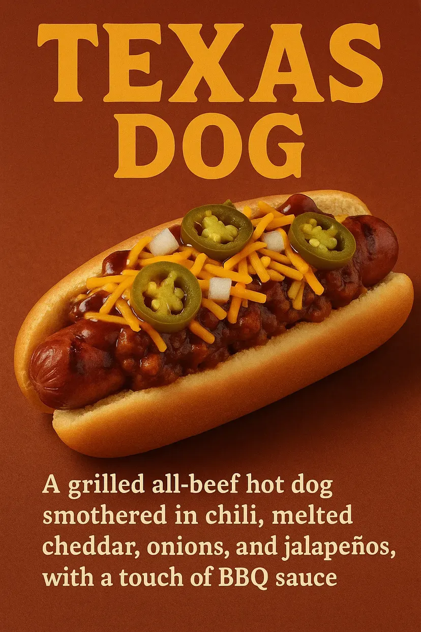 Texas Dog: Hot dog with chili, cheddar, onions, jalapeños, and BBQ sauce in a bun.