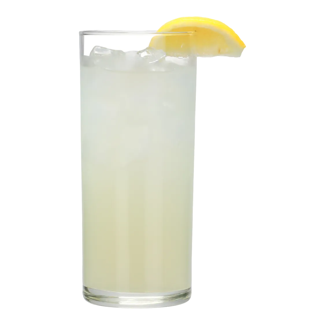 Tall glass of lemonade with ice and a lemon wedge.