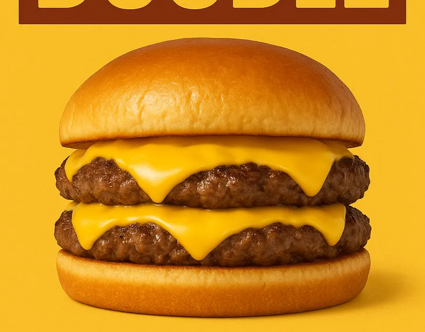 Double cheeseburger on a yellow background, showcasing two beef patties, melted cheese, and a bun.