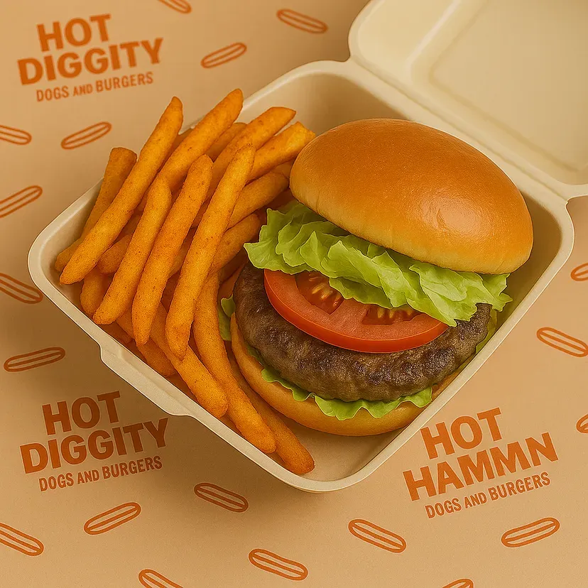 Burger, lettuce, tomato, fries, in container with