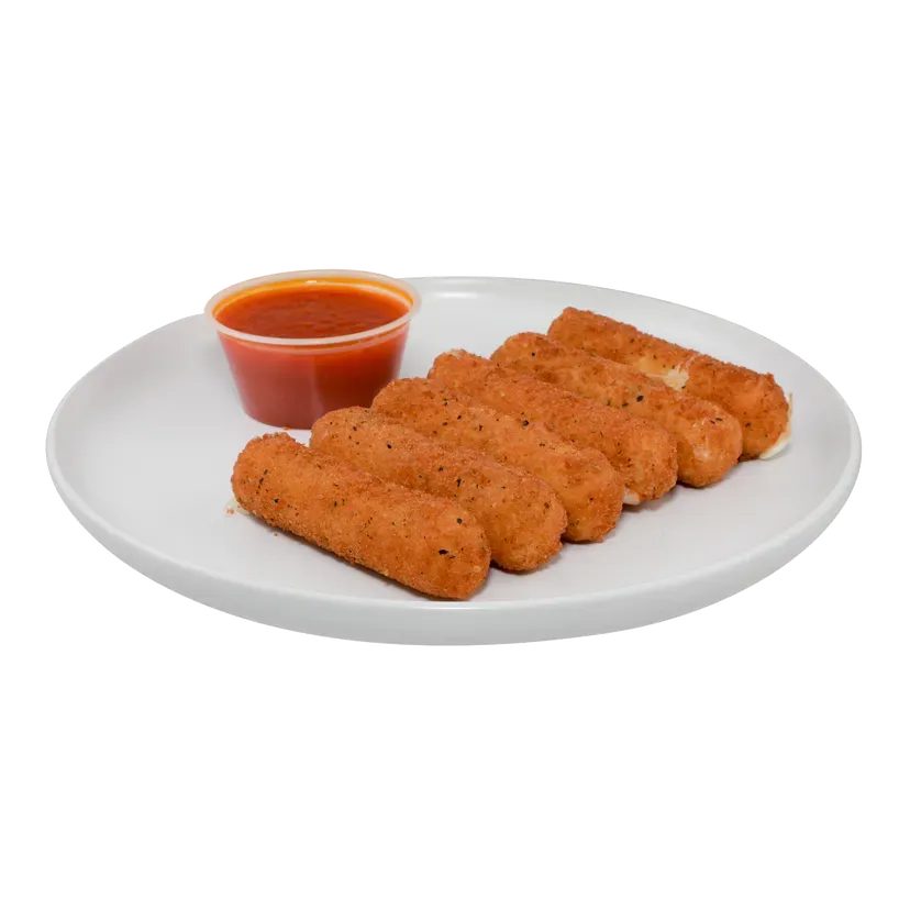 Mozzarella sticks with marinara sauce on a white plate.