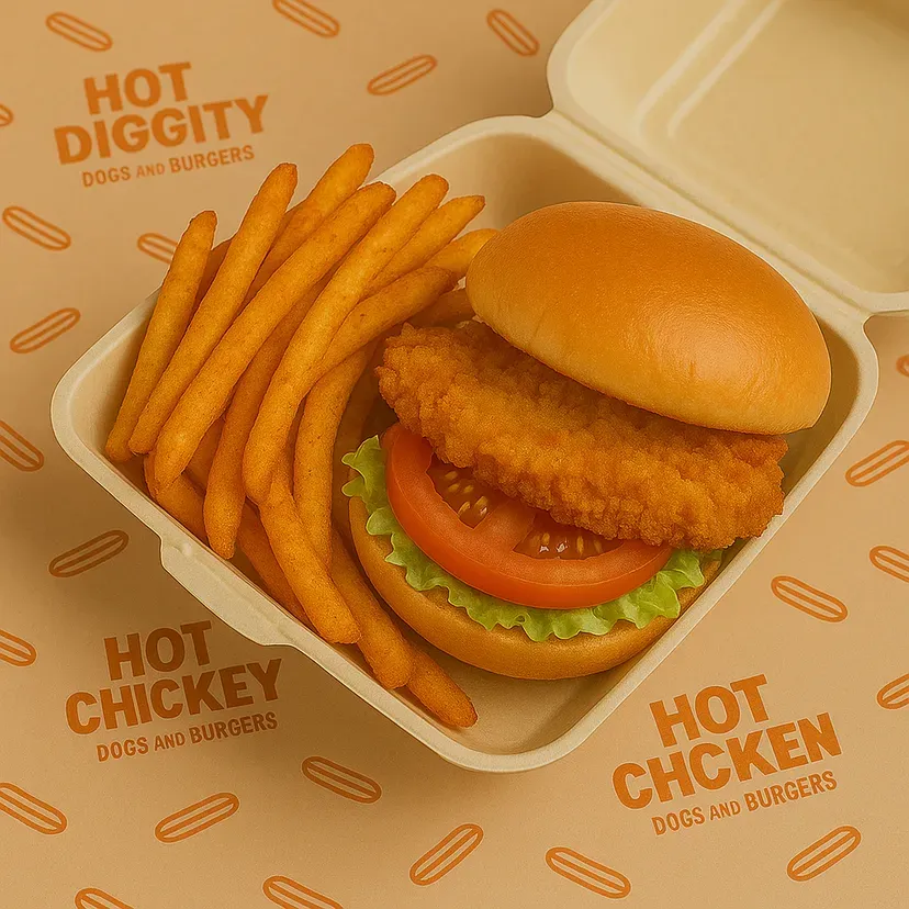 Chicken sandwich and fries in a takeout container, 