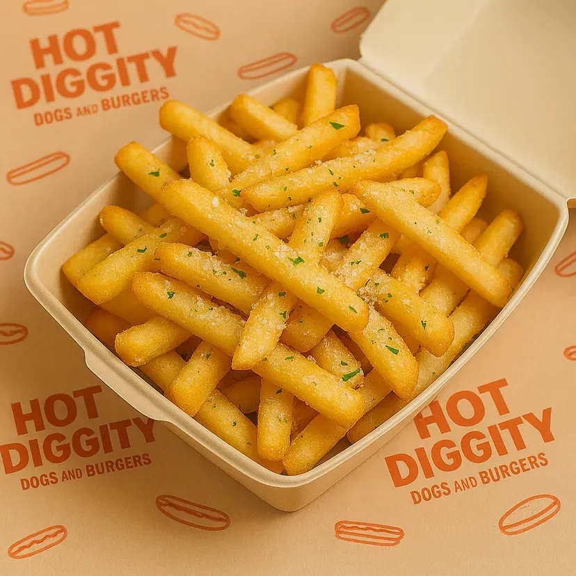 Fries in a Hot Diggity Dogs and Burgers container, sprinkled with herbs and seasoning.