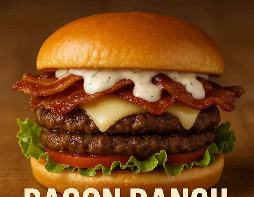 Double-patty burger with bacon, cheese, and ranch dressing on a bun, resting on lettuce and tomato.