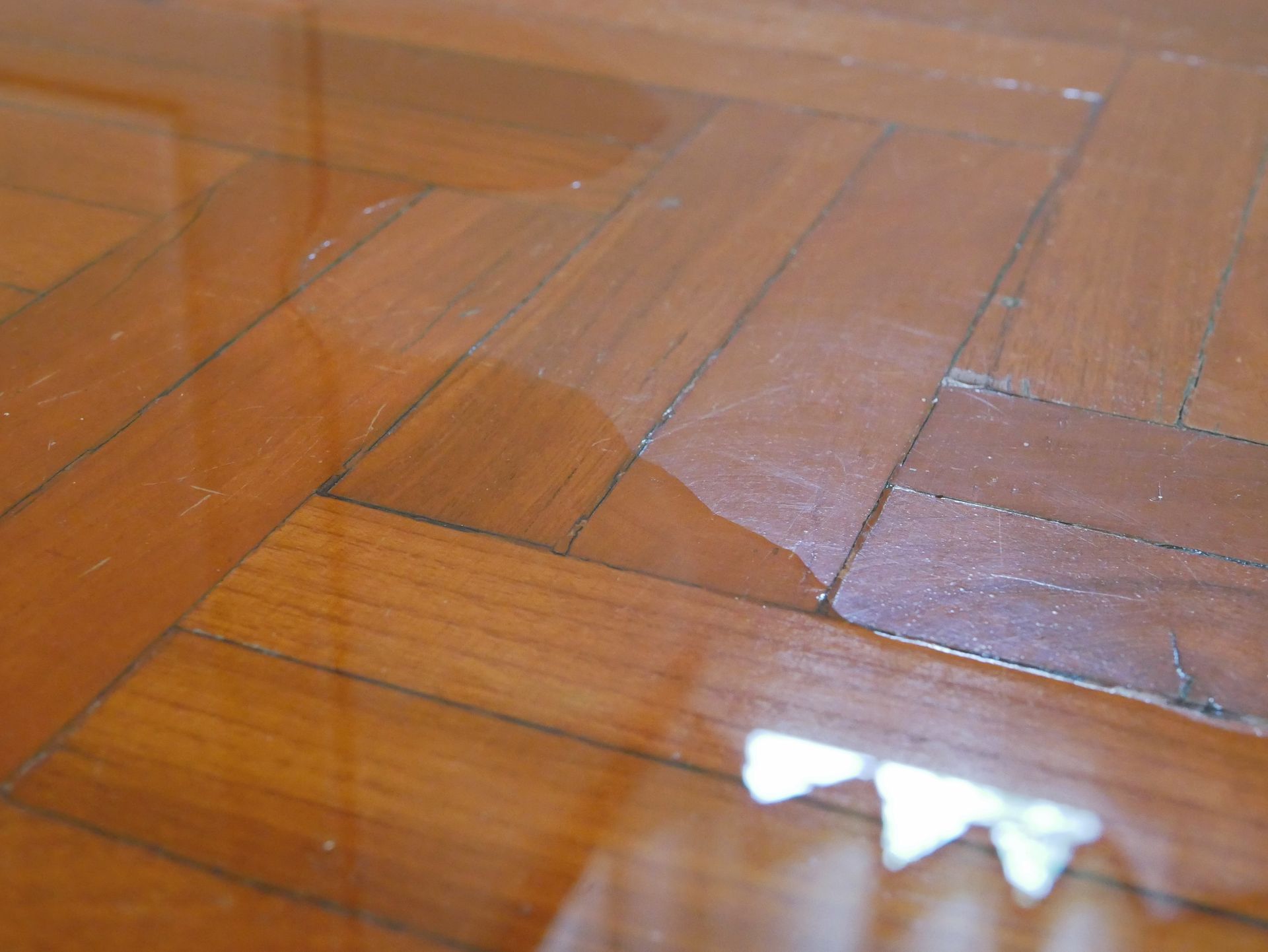 A puddle of water sits on a brown herringbone patterned wooden floor, with a bright white reflection in the foreground.