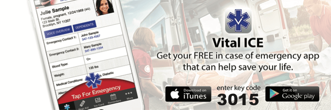 Advertisement for the Vital ICE app. App displays medical info in an emergency. Includes key code: 3015 and download links.