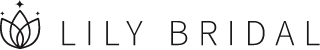 The logo for lily bridal is black and white with a flower in the middle.