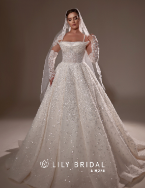 A woman is wearing a white wedding dress with a veil and gloves.