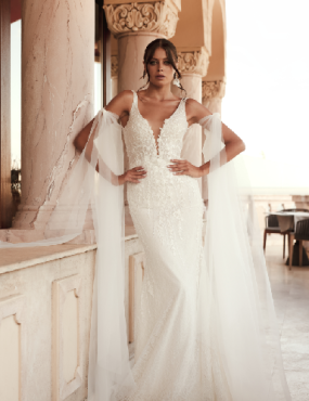 A woman in a wedding dress is standing in front of columns