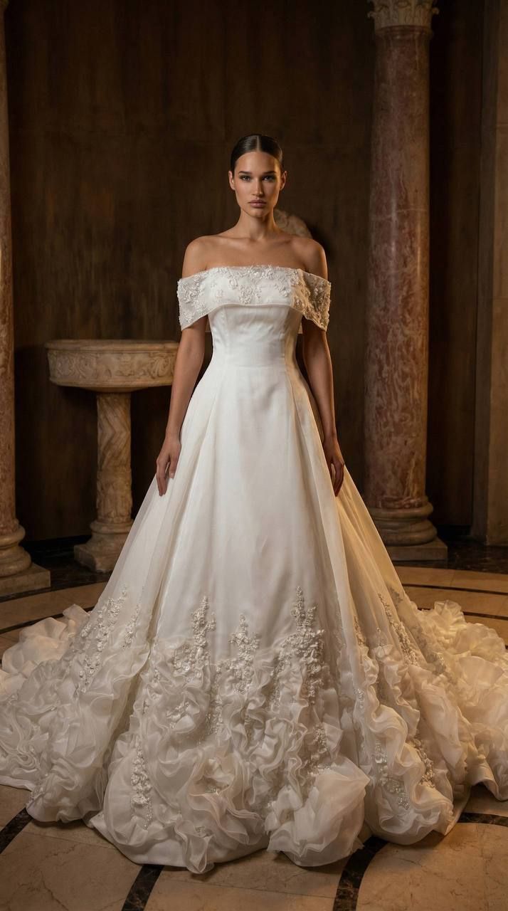 A woman in a white dress is leaning against a wall