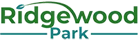 The logo for ridgewood park is green and blue on a white background.