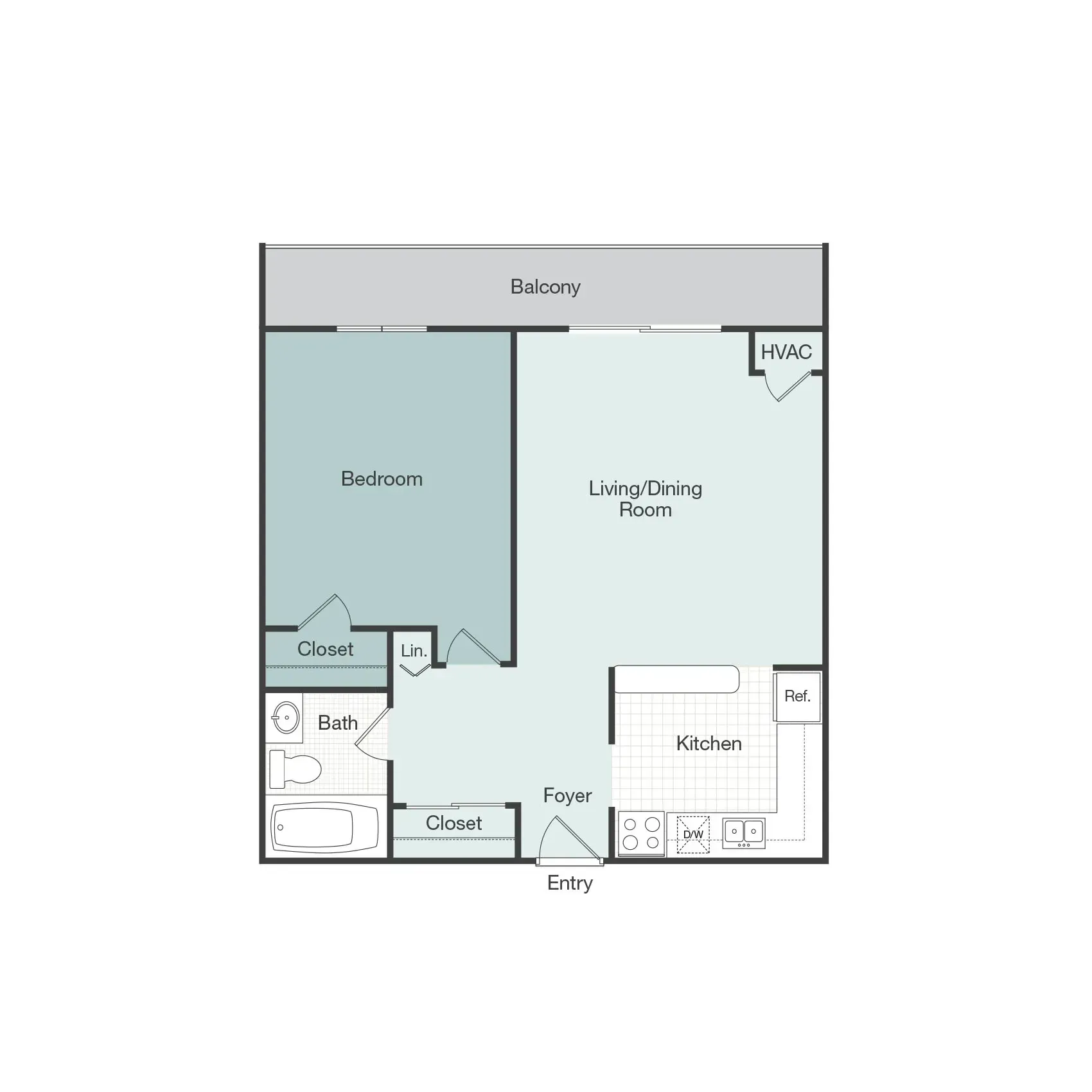 A floor plan of a single bedroom apartment with a balcony.