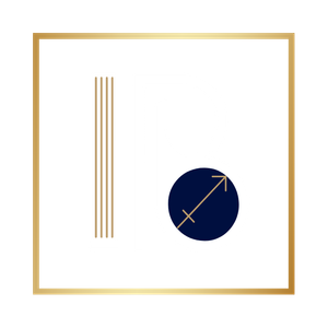 Carré bordé d'or à côté d'un cercle bleu foncé avec une flèche diagonale pointant vers le haut.