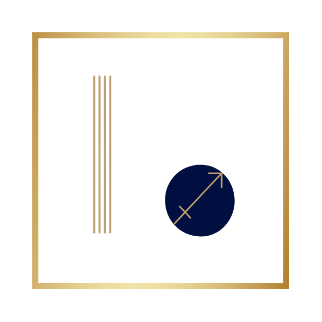 Carré bordé d'or à côté d'un cercle bleu foncé avec une flèche diagonale pointant vers le haut.