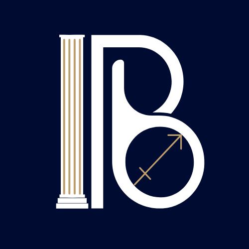 Monogramme blanc « PB » avec une colonne romaine sur fond bleu marine.