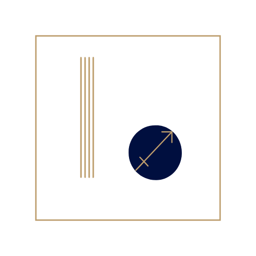 Un carré avec quatre fines lignes verticales à gauche et un cercle bleu foncé avec une croix fléchée dorée à droite.