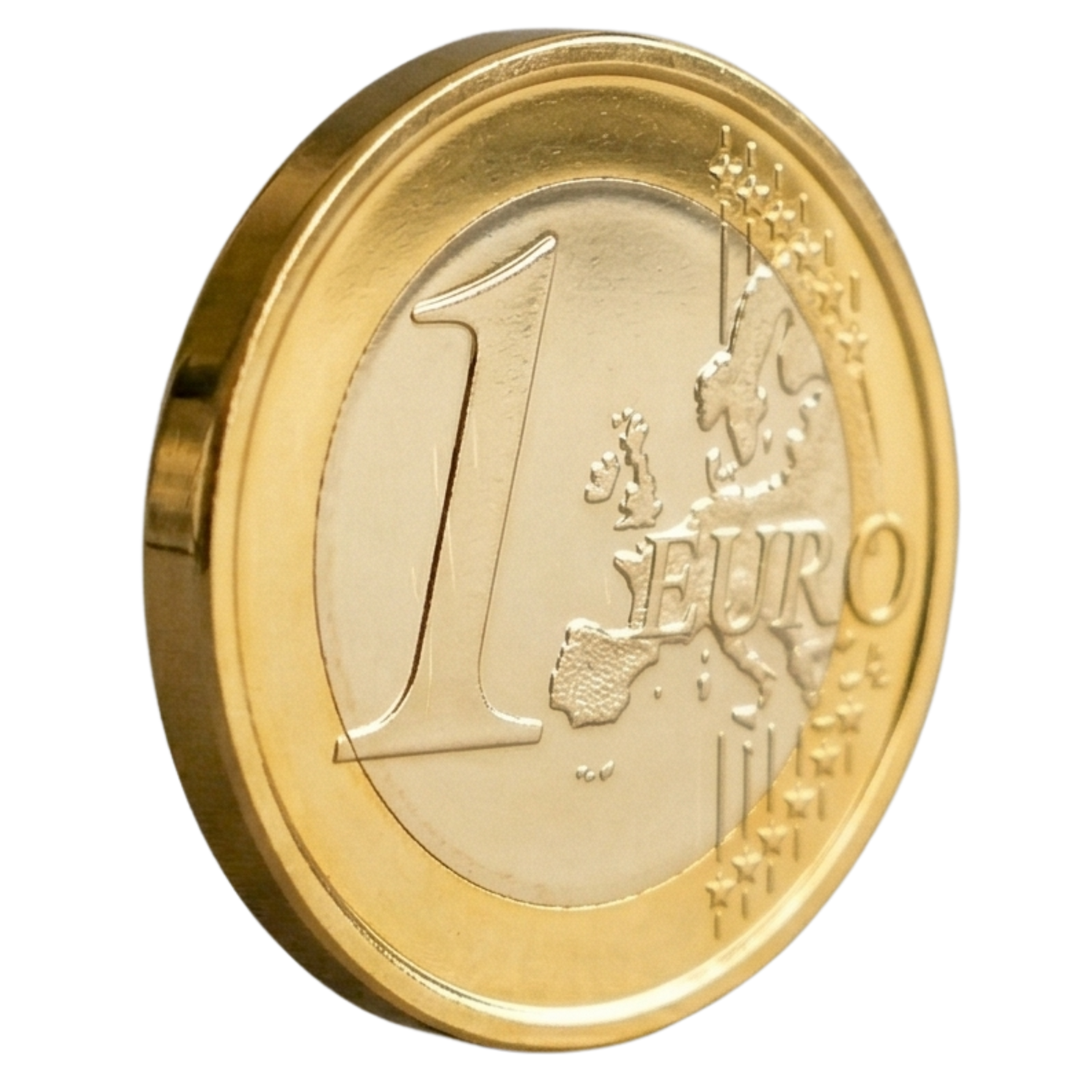 Une pièce d'un euro en or et en argent, représentée de profil sur fond blanc.