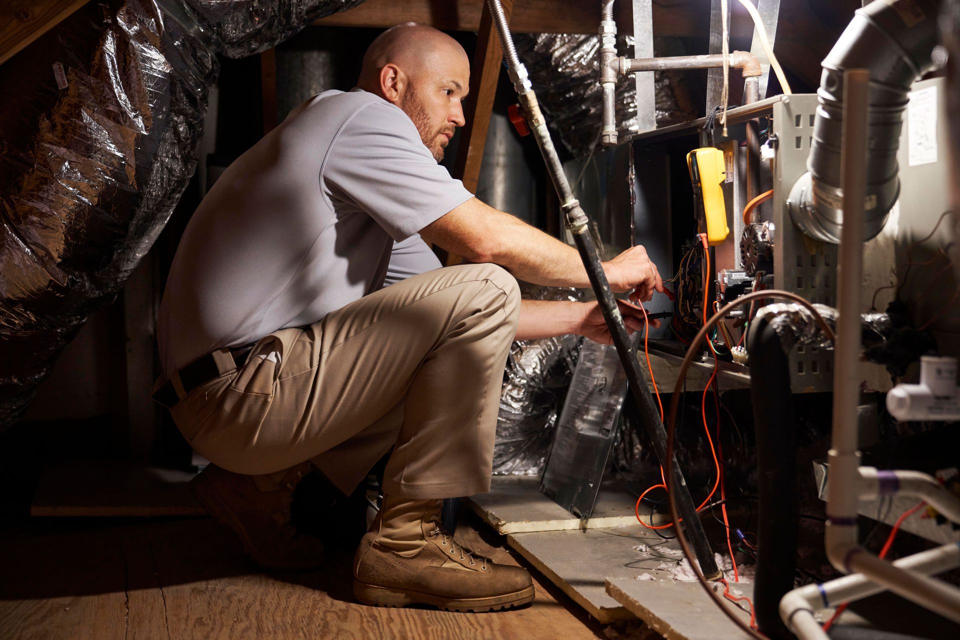Service Technician diagnosing issues with a furnace in an attic.