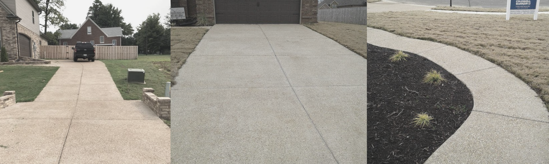 A collage showing three views of concrete driveways and walkways, ranging from weathered surfaces to clean, modern edges.