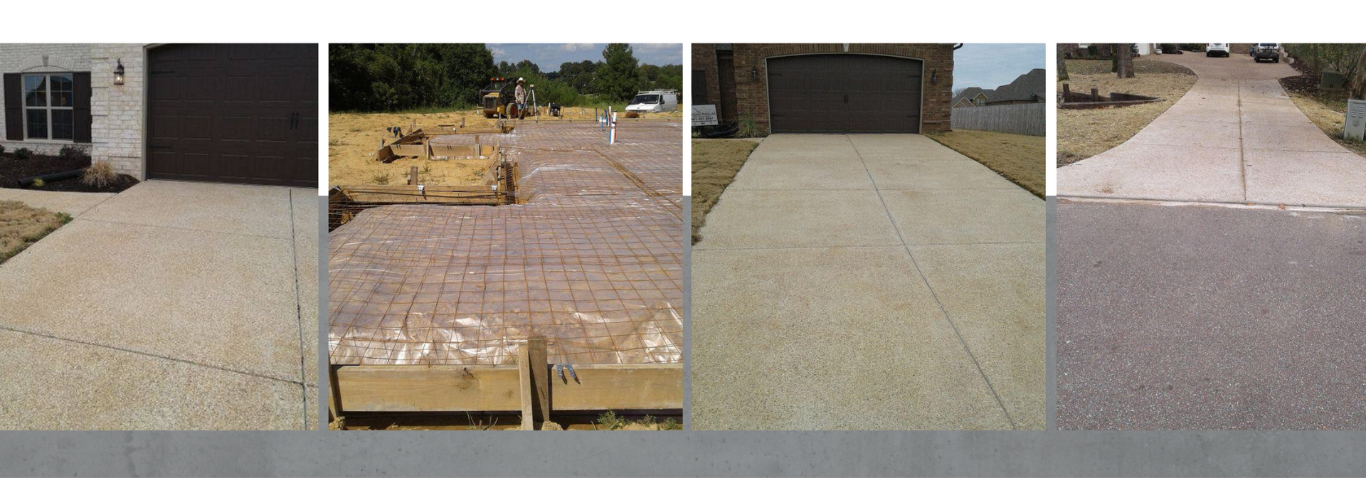 Four panels showing residential concrete driveway construction, from wire mesh setup to a completed surface.