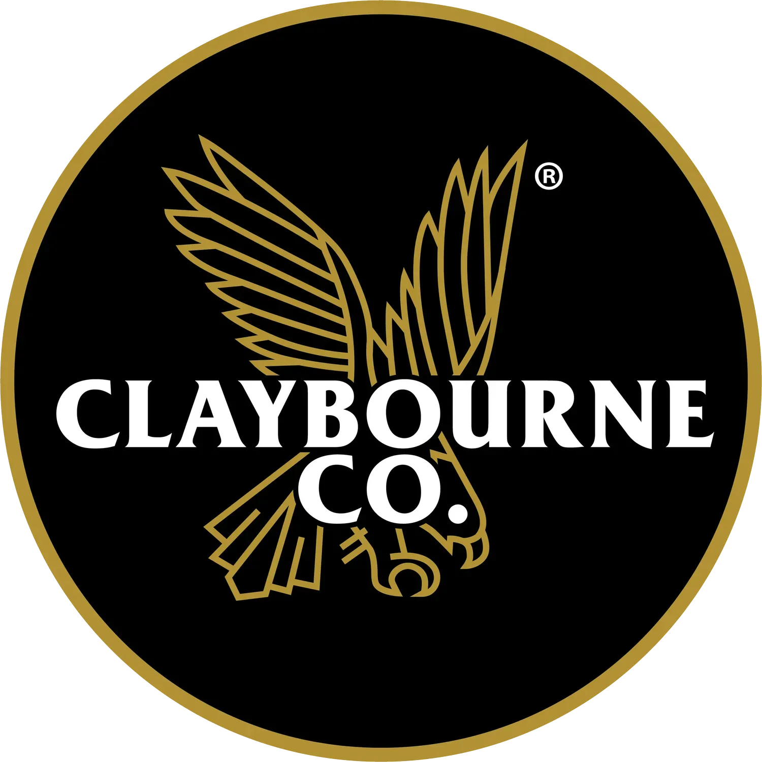 Claybourne Co. logo: black circle with gold border, gold eagle, white text.