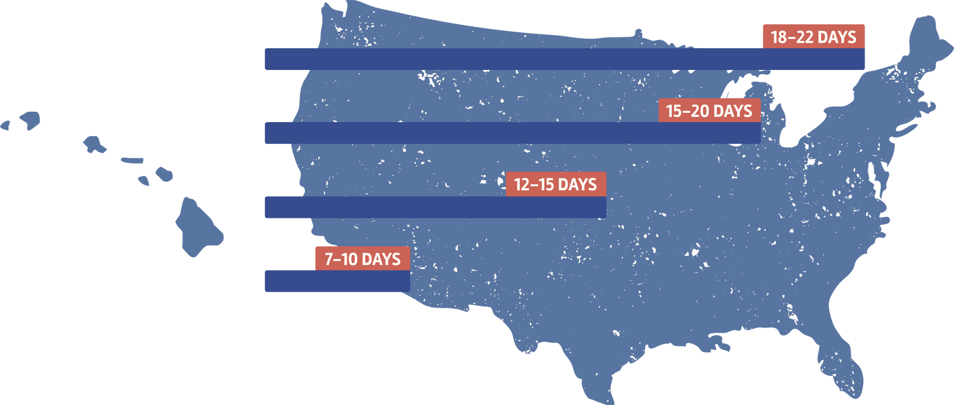 map showing the approximate transit time of shipping