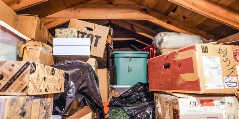 A cluttered attic filled with boxes, bags, and containers of various sizes and colors.