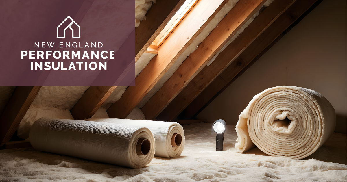 Rolls of white insulation material sit on an attic floor beneath wooden rafters, with a small flashlight in the center.