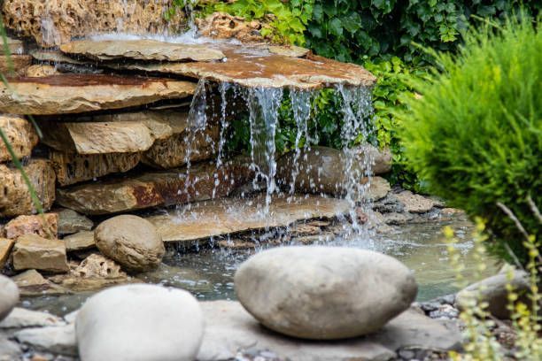 A waterfall is surrounded by rocks and plants in a garden.