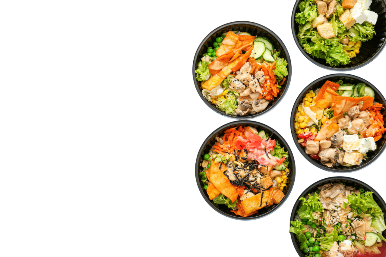 Several poke bowls with various toppings arranged on a white background.