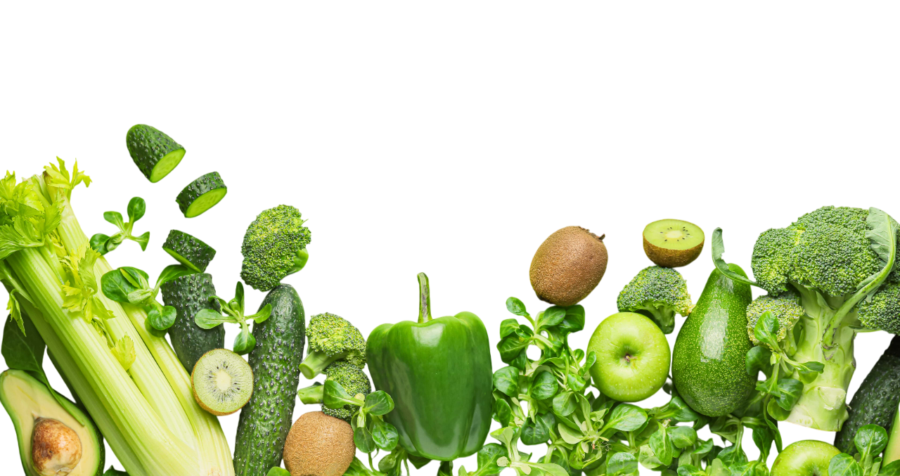 Assortment of fresh green fruits and vegetables, including avocado, kiwi, and broccoli, arranged on a white background.