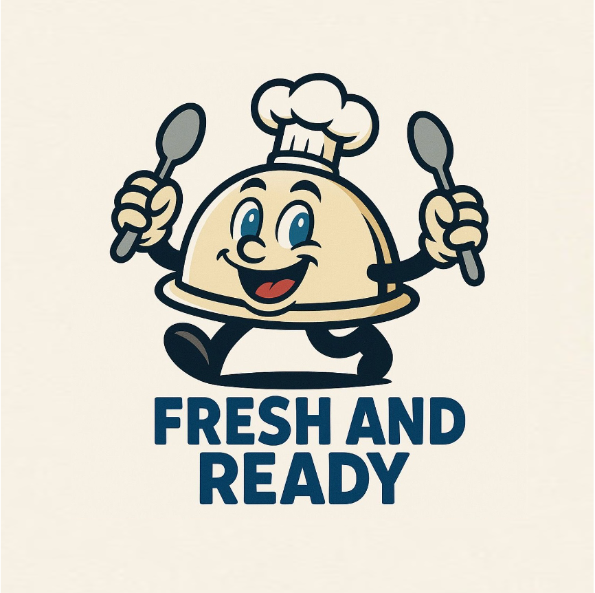 Cartoon mascot of a food serving dish in chef hat, smiling, holding spoons, with text
