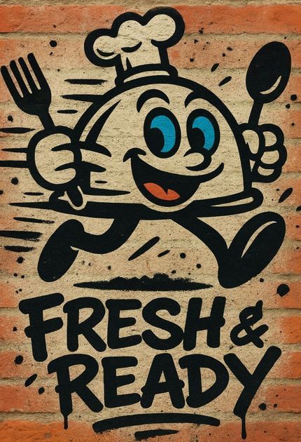 A cartoon chef cloche running with fork and spoon,