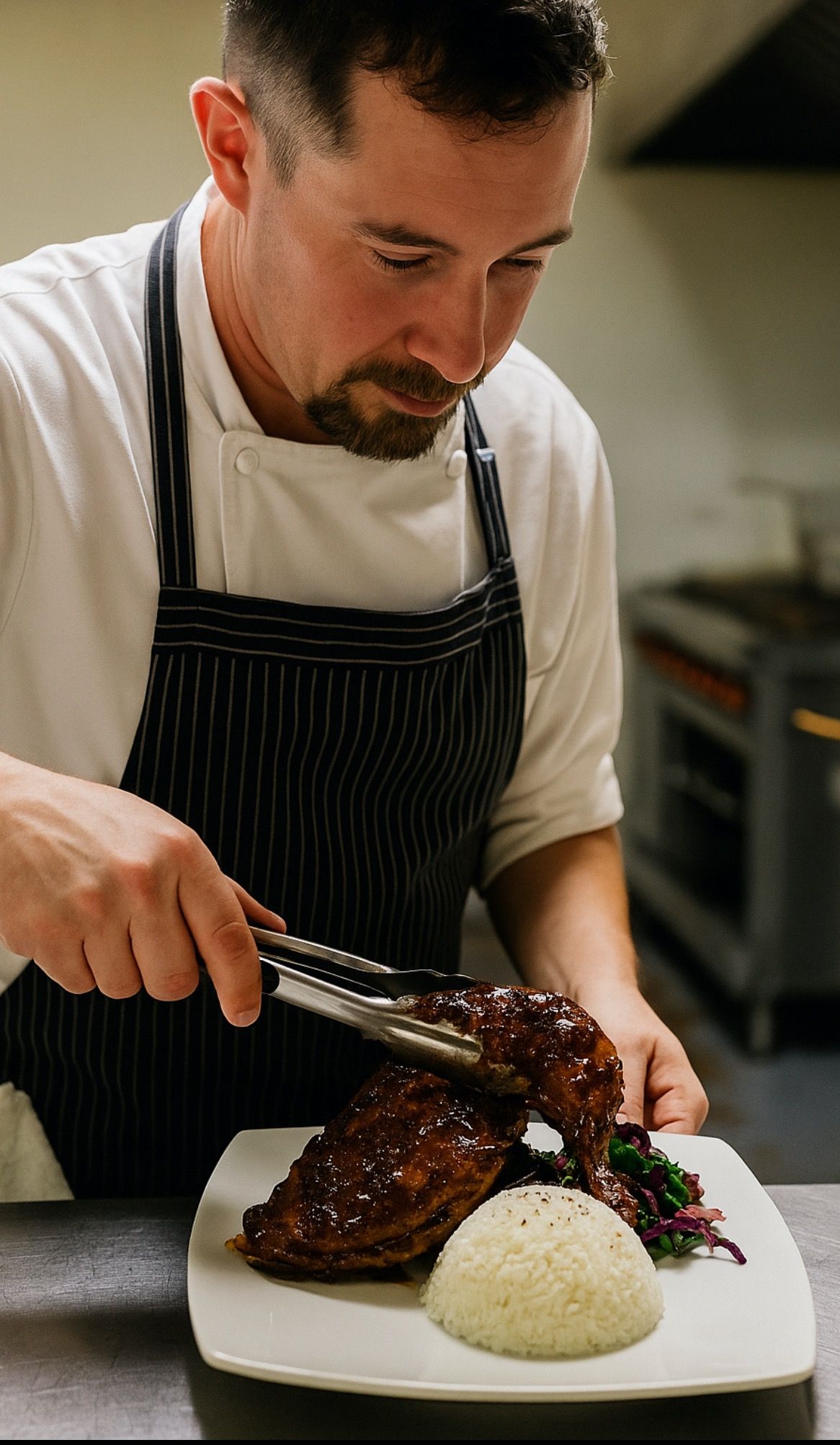 Chef using tongs to plate ribs, rice, and slaw on a white plate in a kitchen setting.