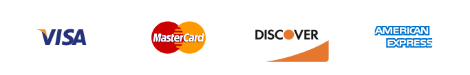 Logos for Visa, Mastercard, Discover, and American Express credit cards.