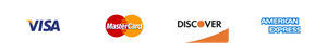 Logos for Visa, Mastercard, Discover, and American Express credit cards.