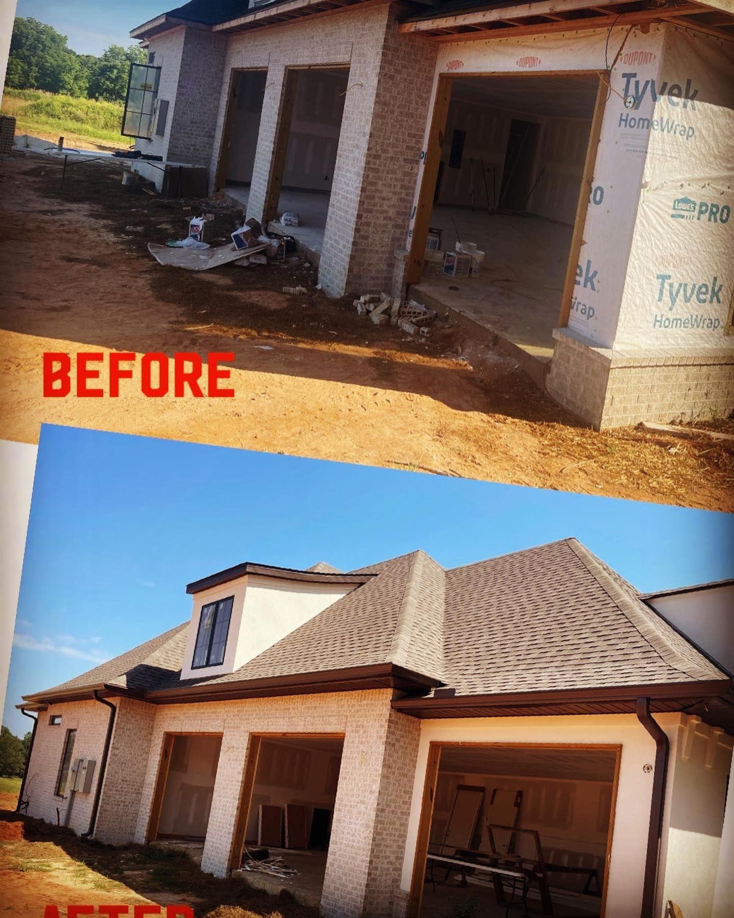 Construction of a house: before and after. Light tan stucco with brown roof, garages, and blue sky.