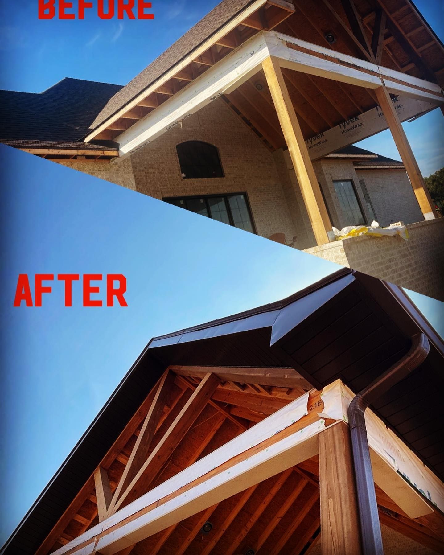 Before and after photos of an outdoor structure's wooden framework and roof with a brown gutter system installed.
