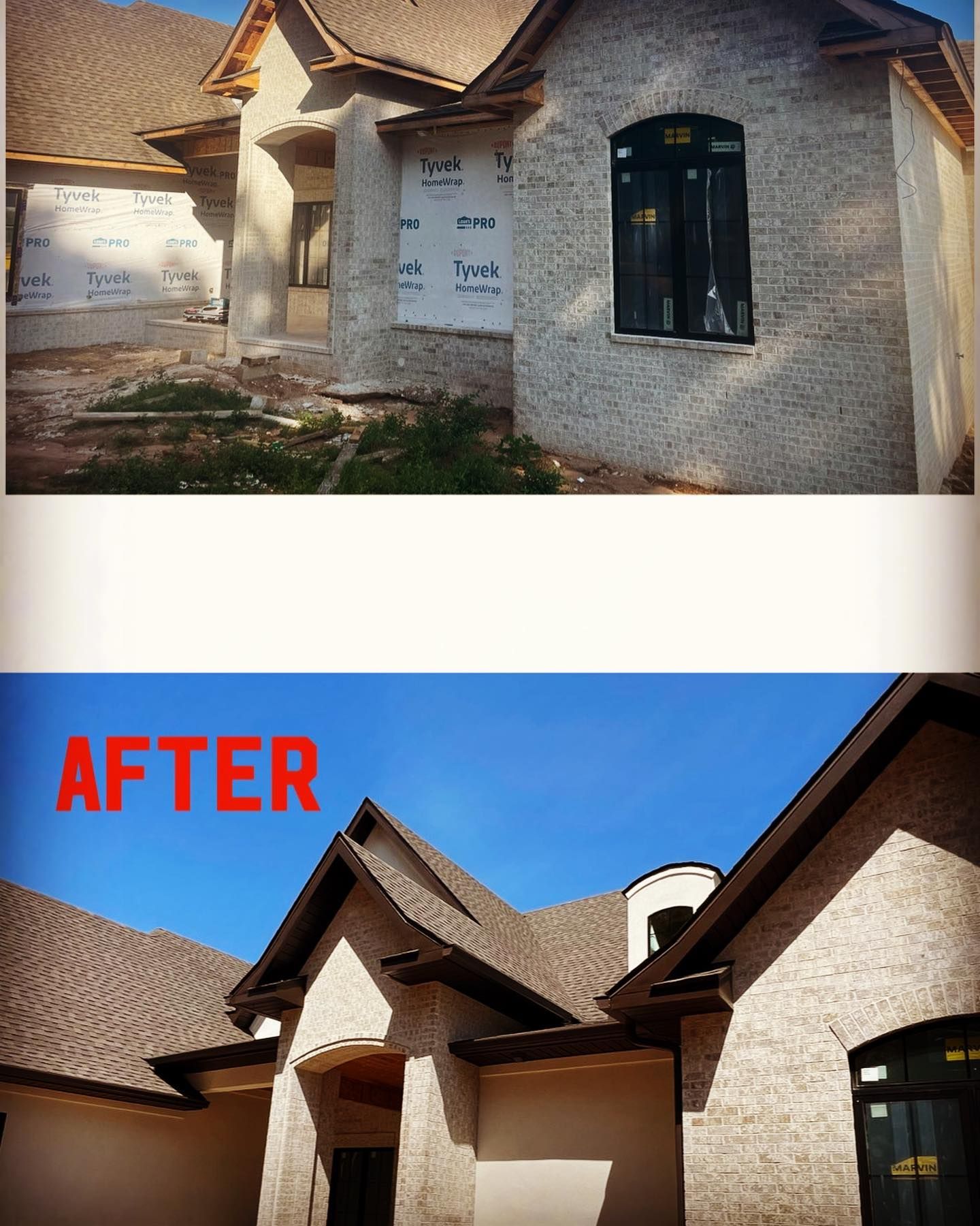 Before and after view of a house exterior; changes include the roof and trim.