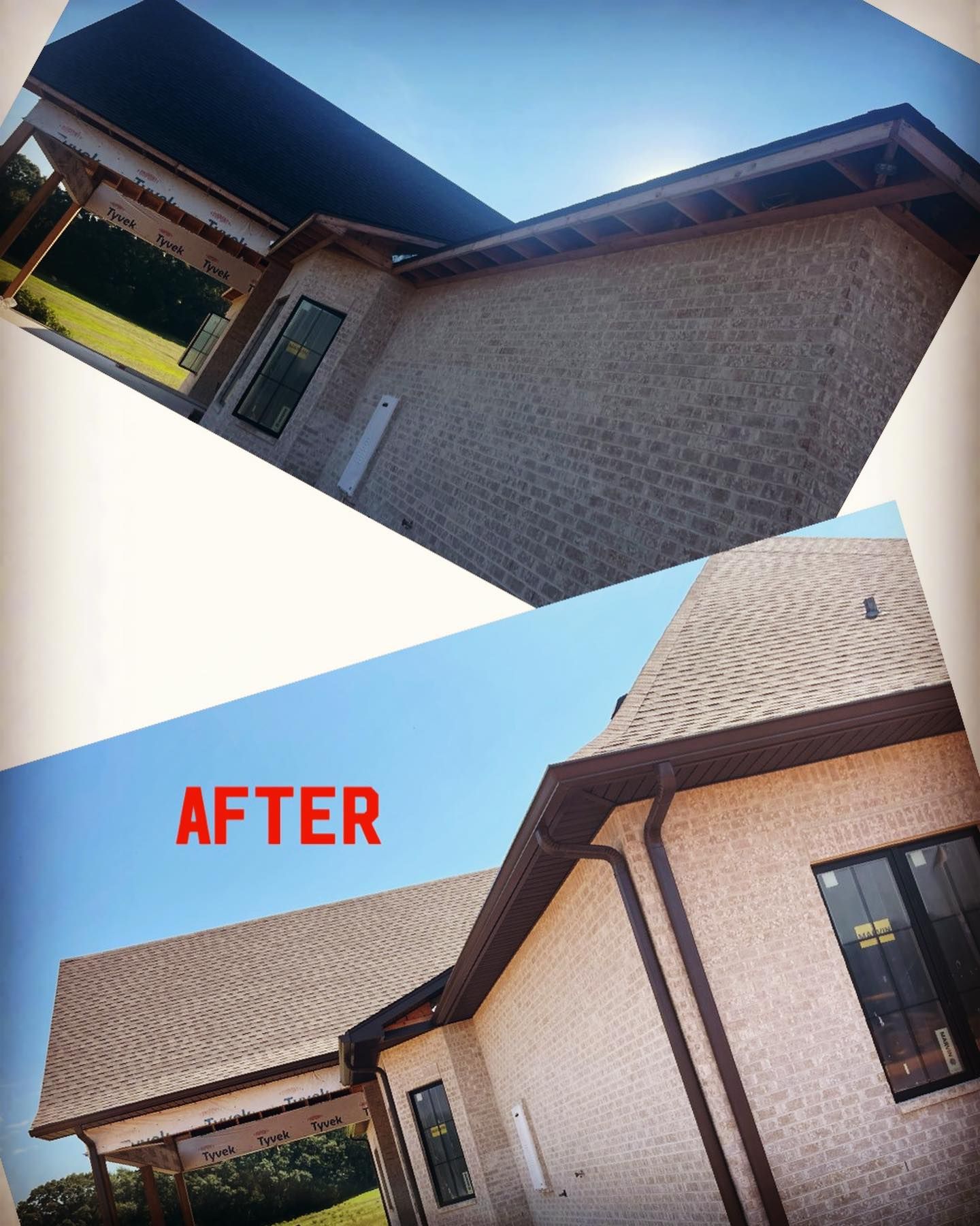 Before-and-after of a brick house with new brown trim and roofing. Blue sky background.
