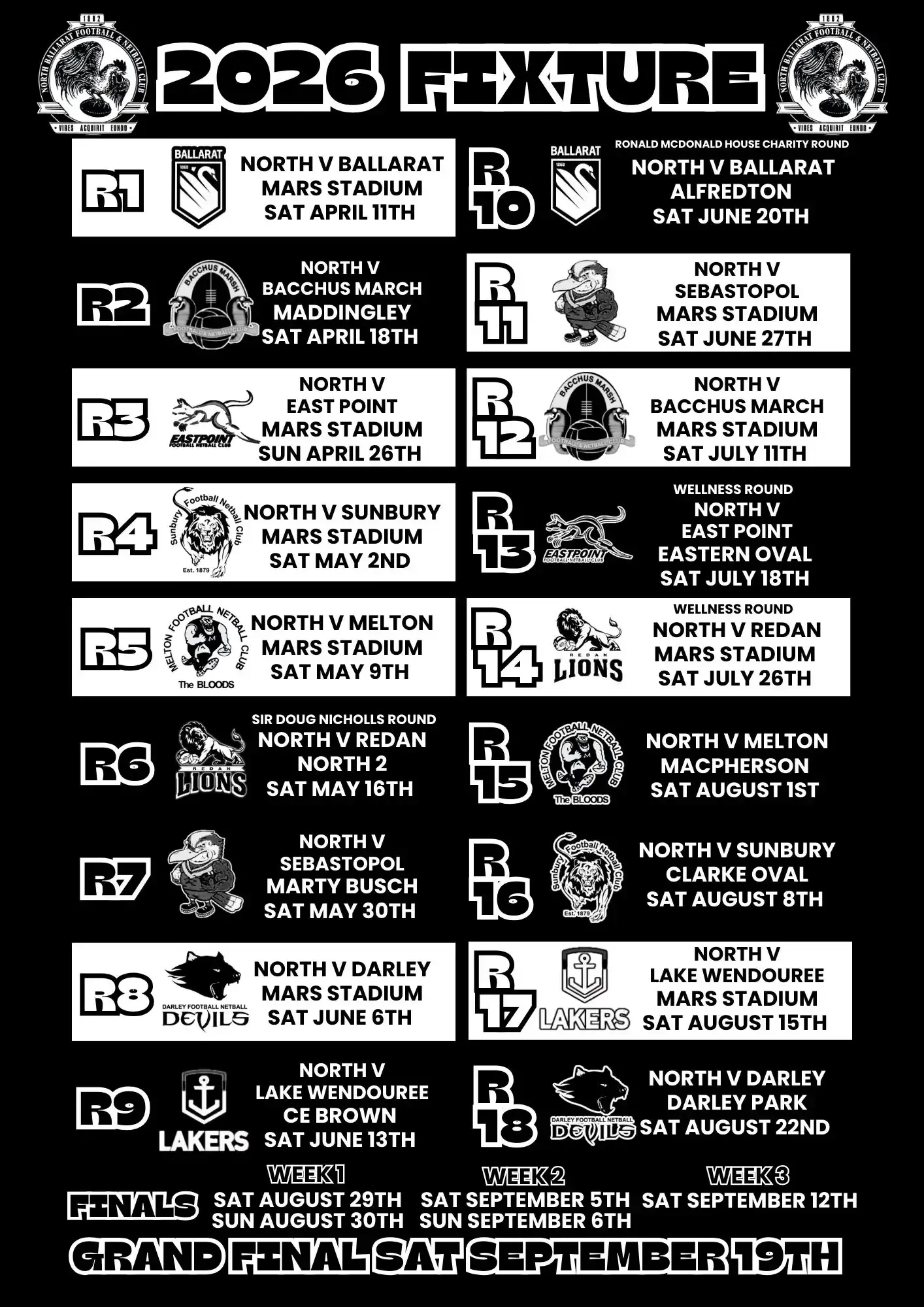 North Ballarat Football and Netball Club 2026 Fixture