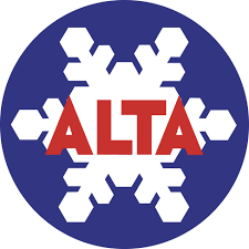 A blue circle with a snowflake and the word alta on it