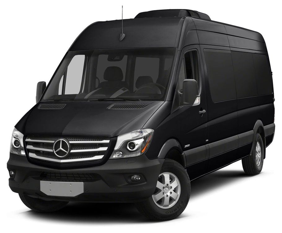 A black van is parked on a white background.