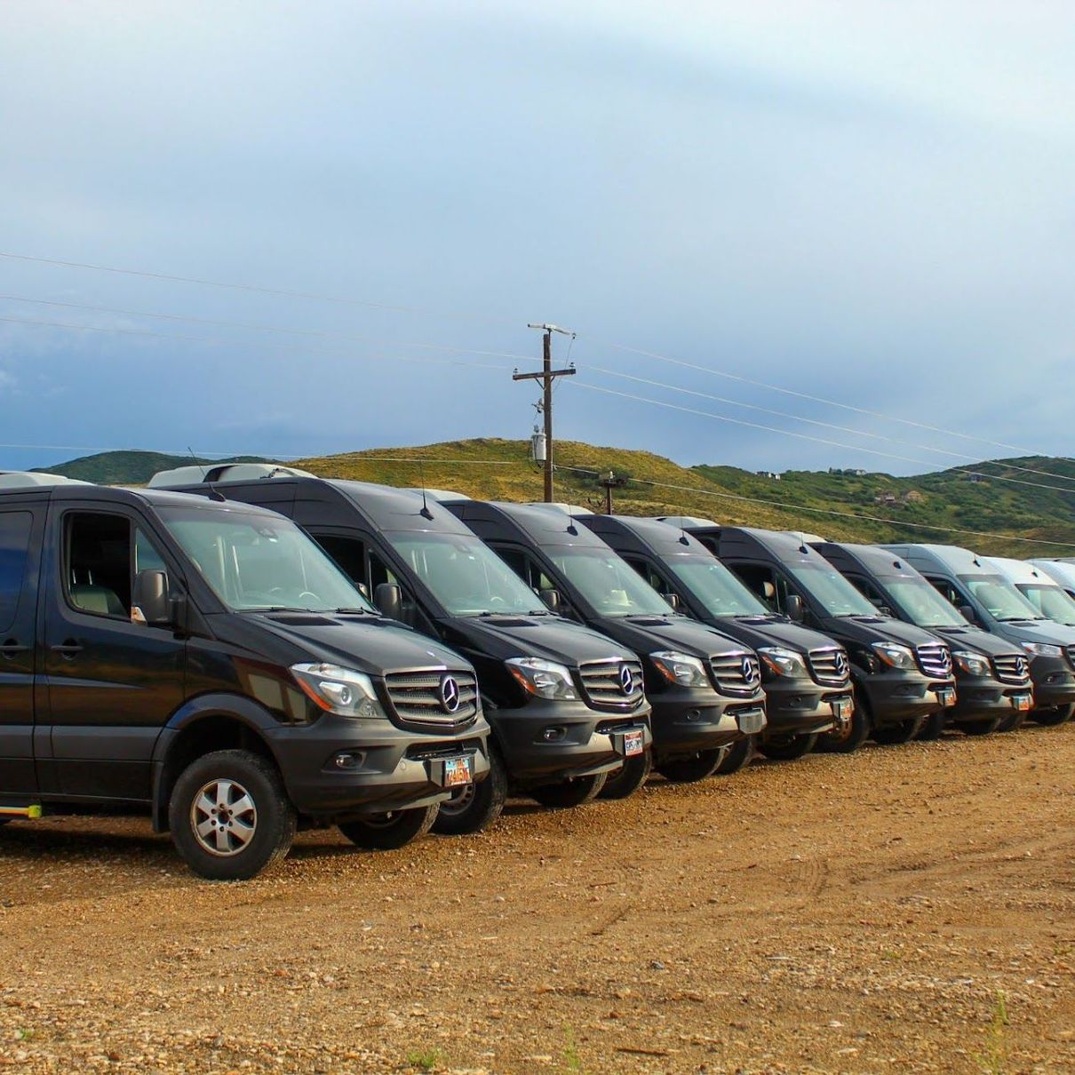 A row of black vans are parked in a dirt field