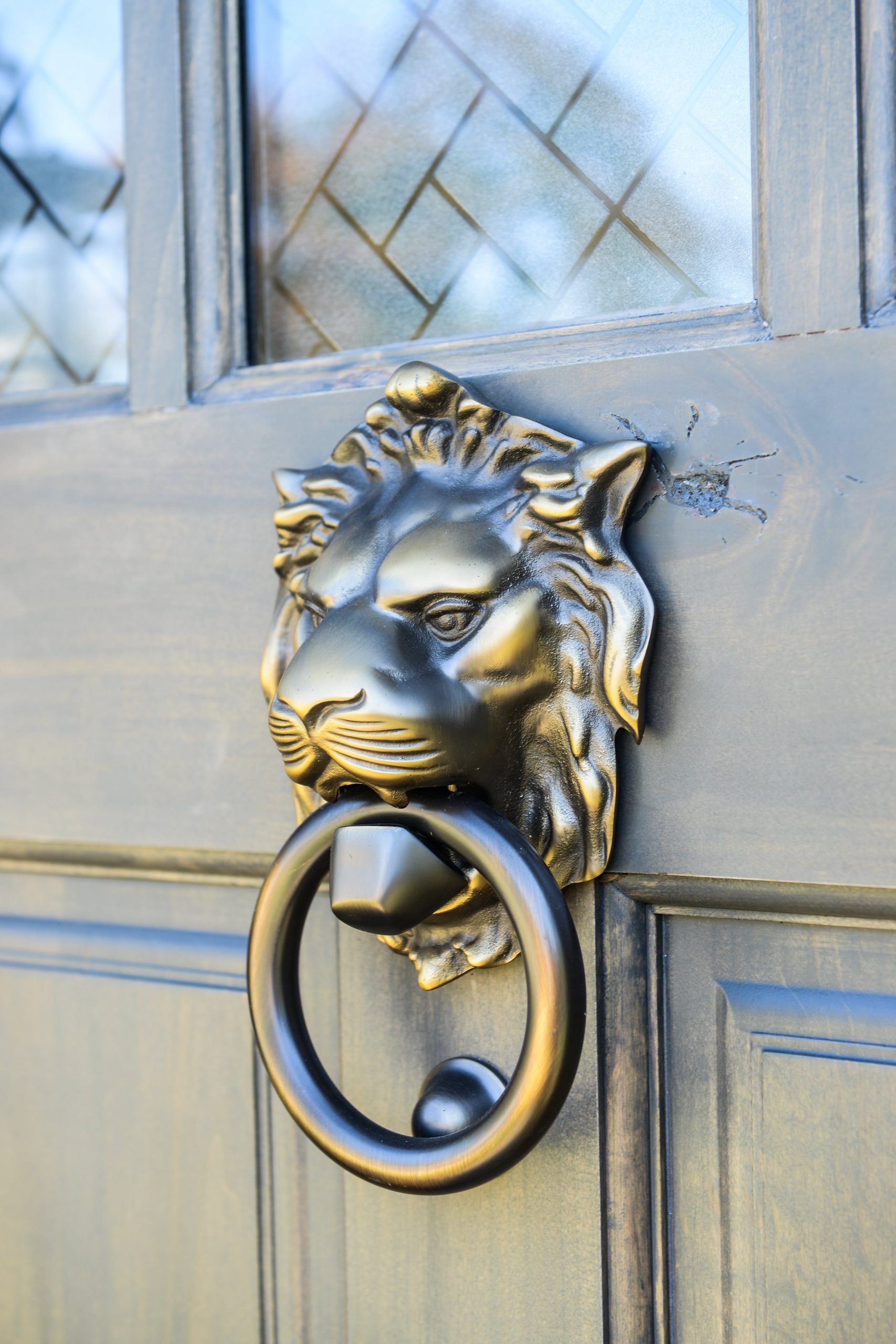 A dark, bronze-colored lion head door knocker with a circular ring, mounted on a grey wooden door.
