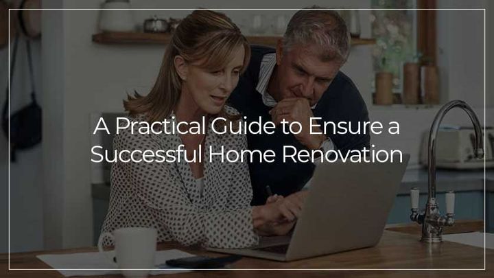 Two people sit at a kitchen counter looking at a laptop, with text overlay: 