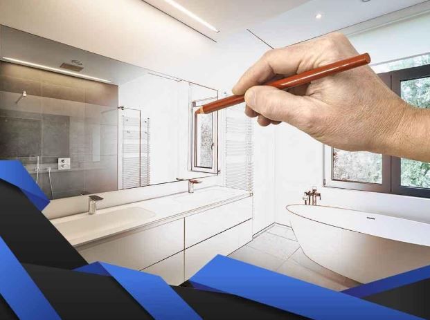 A hand holds a pencil over a digital drawing of a modern bathroom with a double vanity and a freestanding tub.