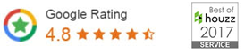Google Rating of 4.8 out of 5 stars and a Best of Houzz 2017 Service badge.