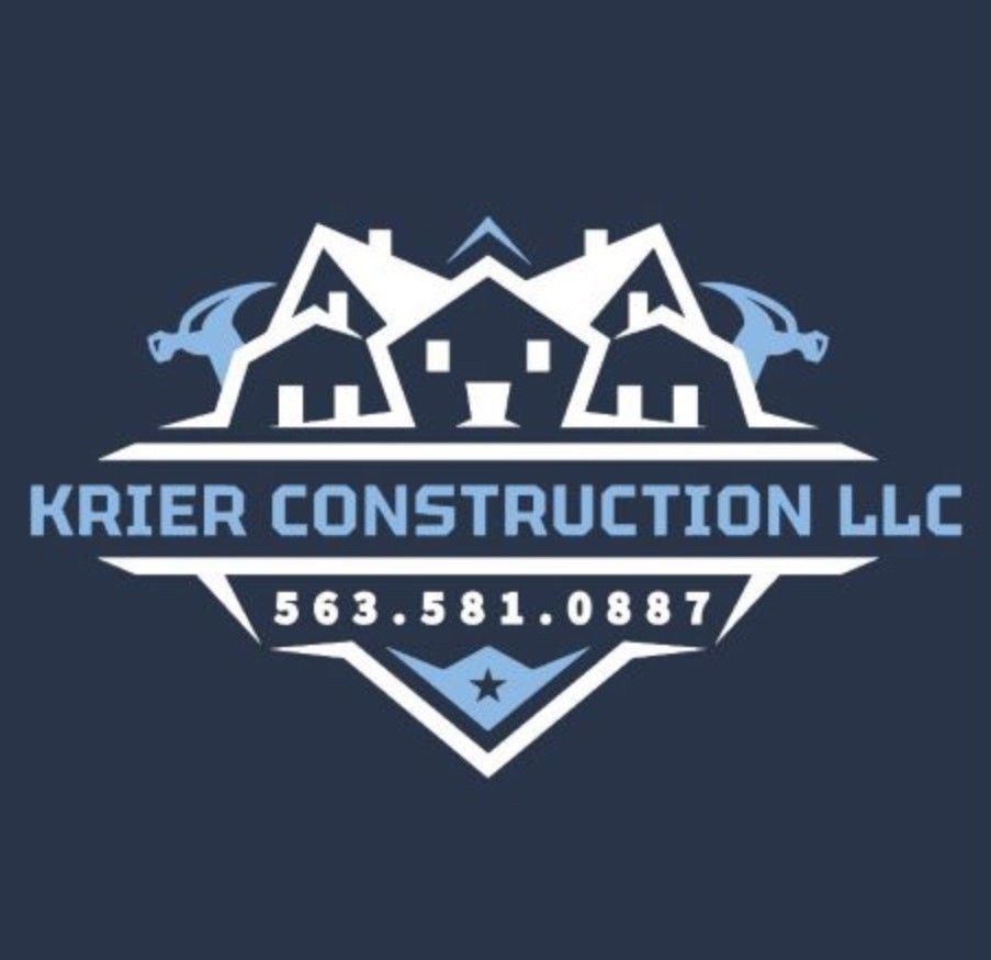 Logo for Krier Construction LLC with houses, hammers, and contact information.
