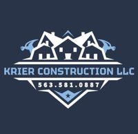 Logo for Krier Construction LLC with houses, hammers, and contact information.